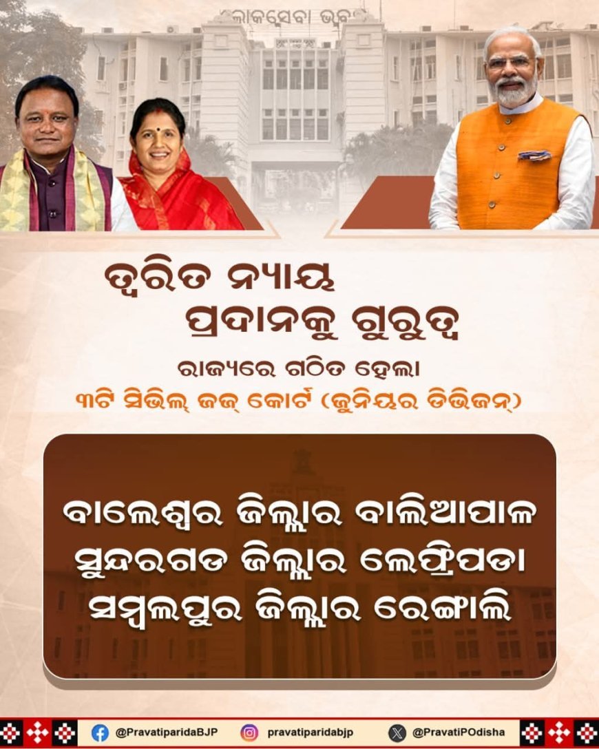 ଲୋକଙ୍କୁ ତ୍ୱରିତ ନ୍ୟାୟ ପ୍ରଦାନକୁ ଗୁରୁତ୍ୱ ଦେଇ ରାଜ୍ୟରେ ୩ଟି ସିଭିଲ୍‌ ଜଜ୍ କୋର୍ଟ (ଜୁନିୟର ଡିଭିଜନ୍‌) ଗଠିତ ହେଲା .