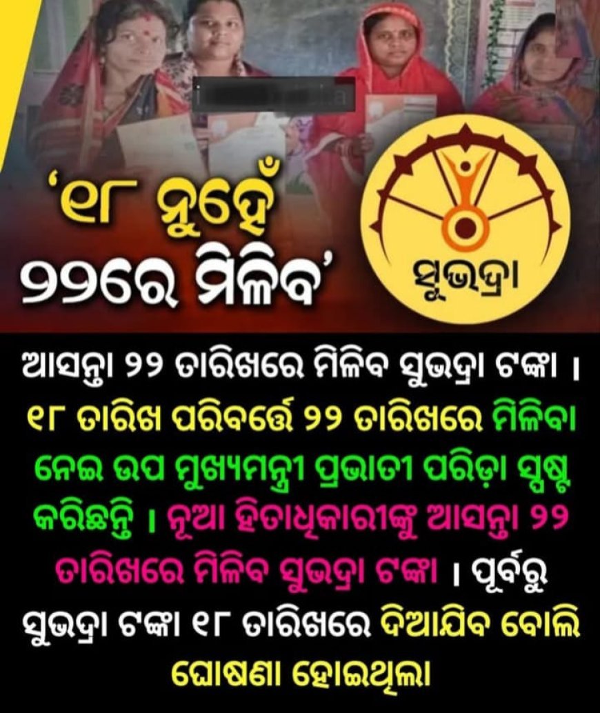 ସୁଭଦ୍ରା ଯୋଜନାରୁ ବାଦ ପଡ଼ିଥିବା, କଟିଯାଇଥିବା ଓ ନୂତନ ଭାବେ ଯୋଡି ହୋଇଥିବା ମହିଳାଙ୍କୁ ମିଳିବ ସୁଭଦ୍ରାର ଲାଭ...