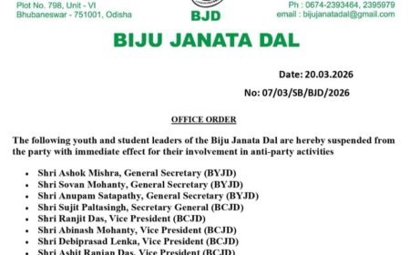 Bjd  ର Vice Presdident ପ୍ରତାପ ଜେନା ନିମ୍ନ ଲିଖିତ ବ୍ୟକ୍ତି ବିଶେଷଙ୍କୁ ଦଳରୁ ବହିଷ୍କାର କରିଛନ୍ତି |